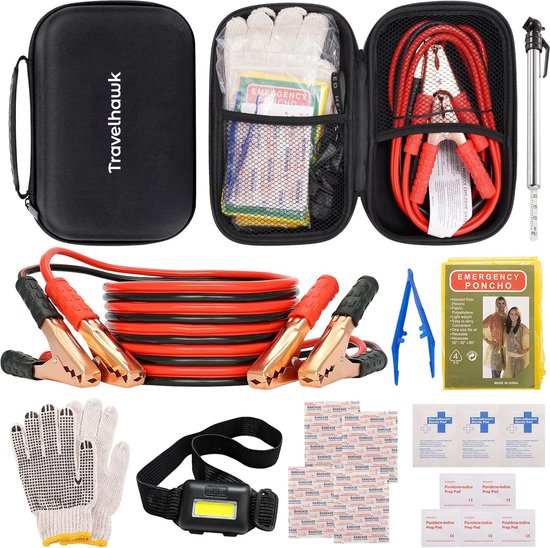 Travelhawk Noodpakket Auto - Noodpakket Autopech - Incl. Startkabels, hoofdlamp - 10 Delig - Zwart