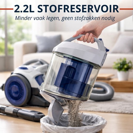 Dirt Devil Stofzuiger zonder Zak DD2503 - Stofzuiger 800W HEPA 12 Filter - Cycloonstofzuiger met Combiborstel, Kierenmondstuk en Meubelopzetstuk - Stofopvangbak 2,2 L - Wit/Blauw
