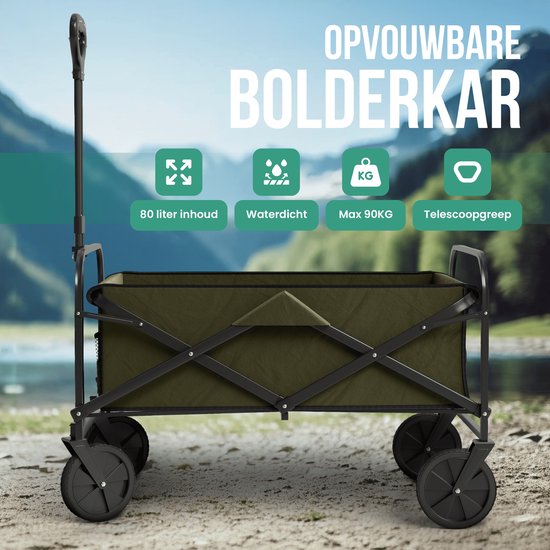 Avalo Bolderkar Opvouwbaar - Tot 90KG draagvermogen - 80L - 80x47x49 CM - 360º Wielen - Bolderwagen / Bolderkarren / Strandkar / Trekkar / Plooibare Bolderkar - Voor Strand - Groen
