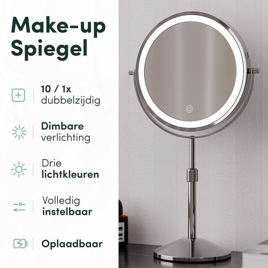 Nolt Make Up Spiegel met LED Verlichting - 1X/10X Vergrootspiegel - Scheerspiegel - Vanity Licht - 3 Lichtstanden - Oplaadbaar - Zilver