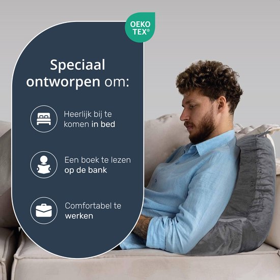 Leeskussen - Voor in bed - Met 3 opbergvakken - Rugkussen bank - zitkussen - Lende - Rug kussen onderrug - Lees - Kussens - Knuffel - Steun - Boeken - book - Seat - Grijs