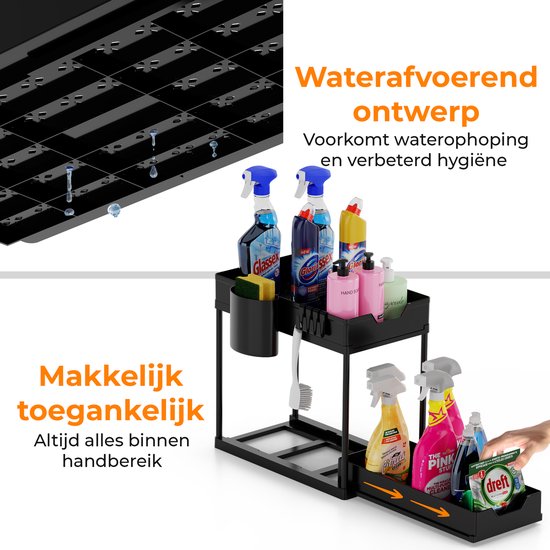 Posity Gootsteenkast Organizer - Keukenkastje Organizer - Schuiflade - Kast Organizer - Badkamer Organizer - Aanrecht Organiser - 2 Uitschuifbare Lades - Zwart