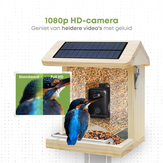 Vogelvoederhuisje - Vogelhuisje met Camera - Hout - AI vogelherkenning - 1080 HD - Audio - Met zonnepaneel