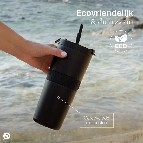 ONYX Drinkfles met Rietje 700ML - Waterfles voor Kinderen & Volwassenen - Thermosbeker RVS Travel Mug - Motiverende Drinkbus - Drinkbeker voor School - Zwart