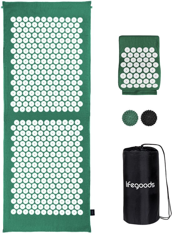 LifeGoods Acupressuur Mat XL - met Kussen - Shakti mat - Spijkermat Incl. 2x Triggerpoint Bal - 128x48x2cm - Groen/Wit