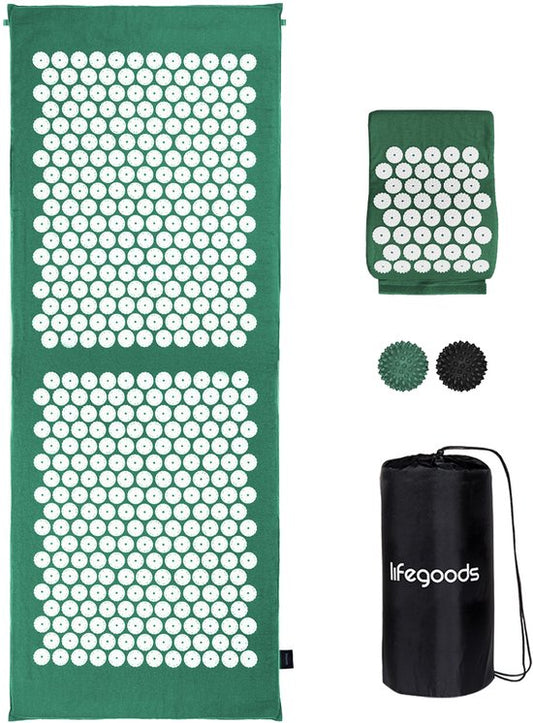 LifeGoods Acupressuur Mat XL - met Kussen - Shakti mat - Spijkermat Incl. 2x Triggerpoint Bal - 128x48x2cm - Groen/Wit