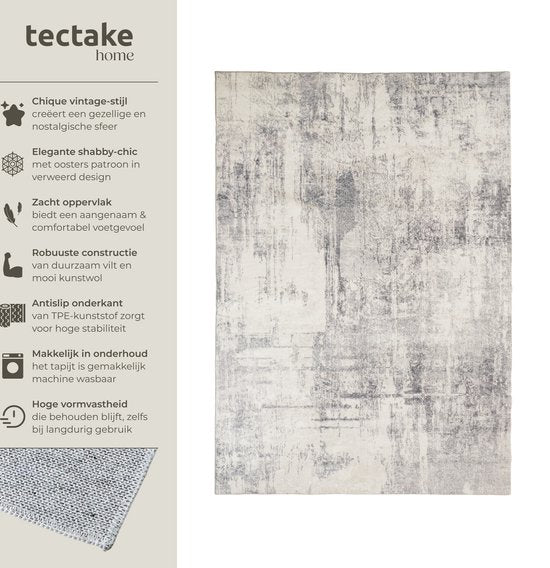 tectake® Vintage design tapijt - Laagpolig vloerkleed voor woonkamer, kinderkamer, slaapkamer of hal - Wasbaar - Div. afmetingen - 240x340cm - beige/grijs