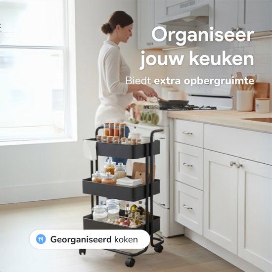 Keuken trolley op Wieltjes - 3 laags - Keukenrek - Serveerwagen - Kastje - Karretje - Opberg - Douche kastjes staand - Rekje - Zwart - Luft