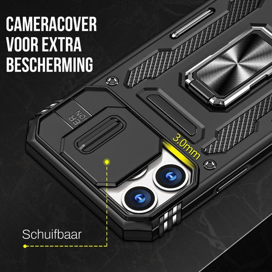 Podec Hoesje geschikt voor iPhone 12 Pro Zwart Telefoonhoesje - Anti-Shock Case Cover Hybrid Armor Hoes met Kickstand Ring met Screenprotector
