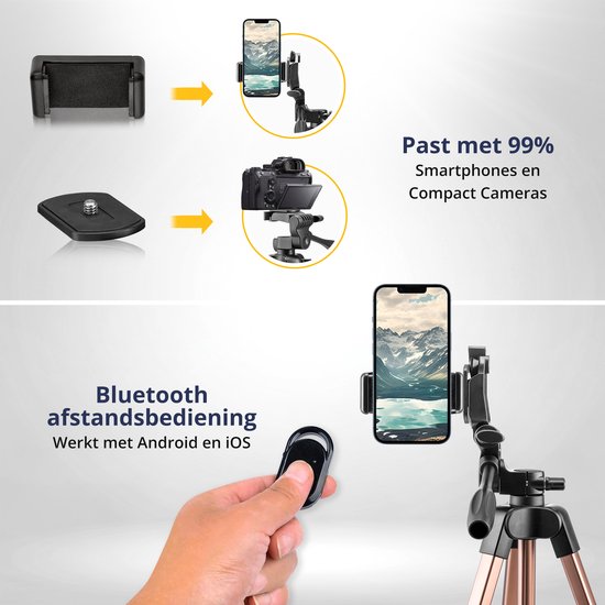 Studio ME Telefoon Statief - 136 cm - Tripod Smartphone - Rosegoud - Camera Statief - Telefoonhouder - Incl. Bluetooth Afstandsbediening - Statief Telefoon