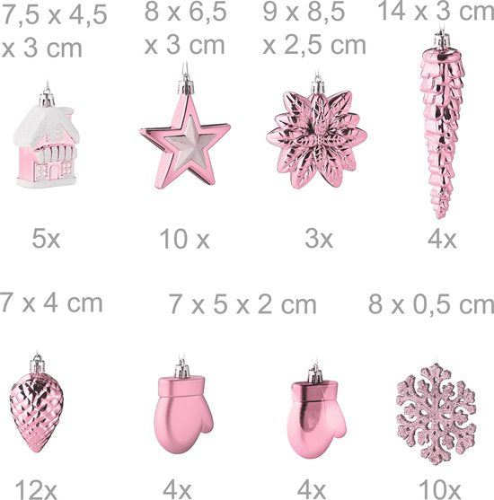 kerstballen set van 100 - plastic - mat - glanzend - glitters - 10 designs - roze