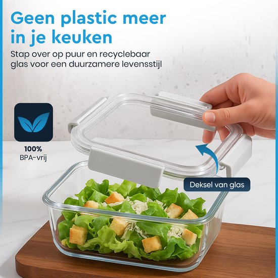 Nord Kitchen Vershoudbakjes Set - met Glazen Stoom Deksel - Meal Prep Bakjes - Diepvriesbakjes Volledig Glas - Luchtdicht - 5 Stuks - 1040 ML