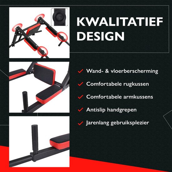Zoluko Dip & Pull Up Bar – Professioneel Wandmodel – 200kg Draagkracht – 2-in-1 Dip Station – Incl. E-book – Zwart/Rood