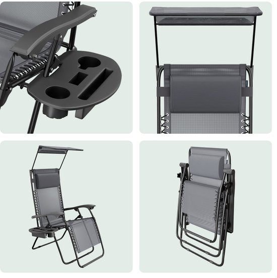LifeGoods Opvouwbare Tuinstoel - Verstelbaar Zonnescherm - Ligstoel Tuin - 30°-90° Verstelbaar - Metaal - Grijs