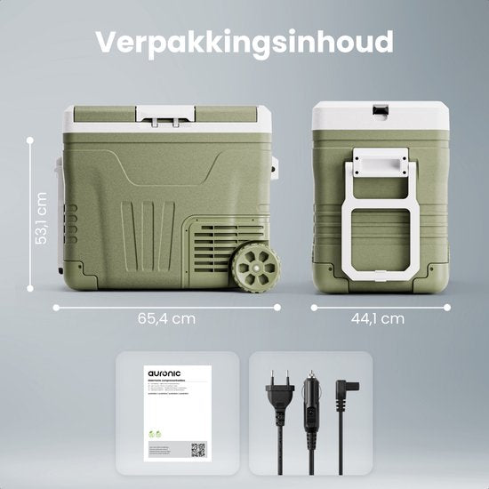 Auronic Elektrische Koelbox - Compressor - 2 Zones - 45L - 12/24V en 240V - Koelen en Vriezen - Camping Koelkast - Frigobox Auto - Met Wielen en Hendel - Groen