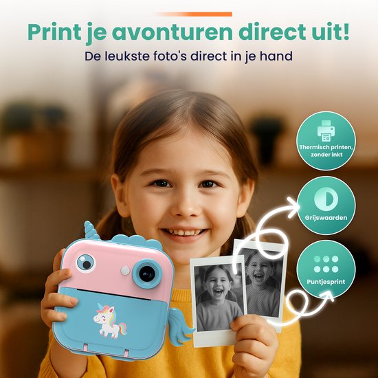 ODESSEY Kindercamera met Printer - Full HD - Selfie Camera - 32GB SD Kaart - Foto - Video - Spelletjes - Digitale Camera Kinderen - Fototoestel voor kinderen - Eenhoorn