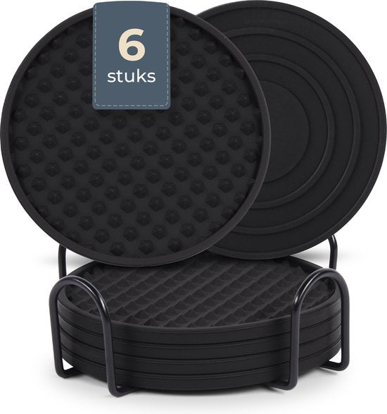 Castagnola Siliconen Onderzetters – Onderzetters voor Glazen – Design Onderzetters met Houder – Onderzettersset – Anti Slip - Set van 6 – Zwart