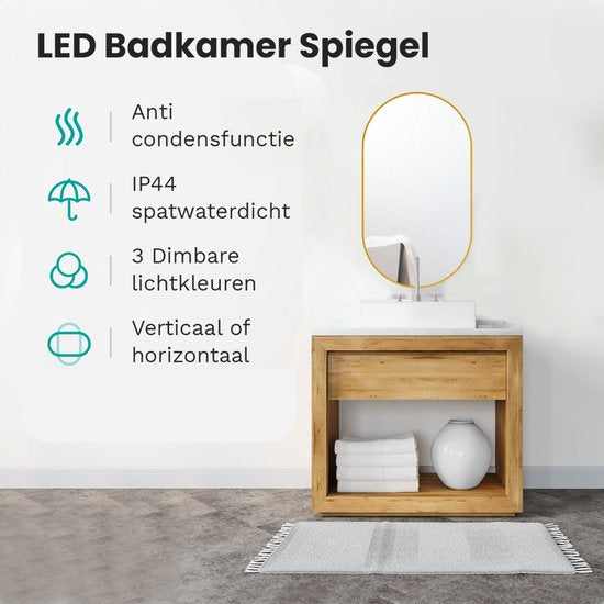 Mirlux Badkamerspiegel met LED Verlichting & Verwarming – Wandspiegel Ovaal – Goud Frame - 90x50CM