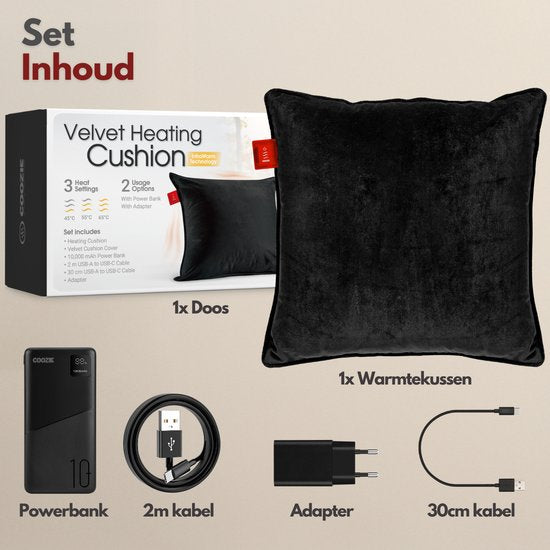 Coozie Oplaadbaar Warmtekussen – Draadloos & Bedraad – 45–65°C – Velvet – 45 x 45 cm – Zwart – Elektrisch Kussen – Incl. Powerbank – Tot 8 uur warmte