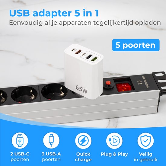 Nuvance - USB Adapter - 5 Poorten - USB Stekker - USB Oplader - Geschikt voor iedere USB Kabel - Wit