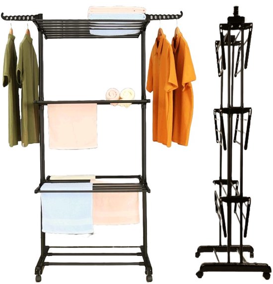 Wasrek Inklapbaar - 75x64x178 cm - Wastoren - Droogtoren met Wieltjes - Zwart