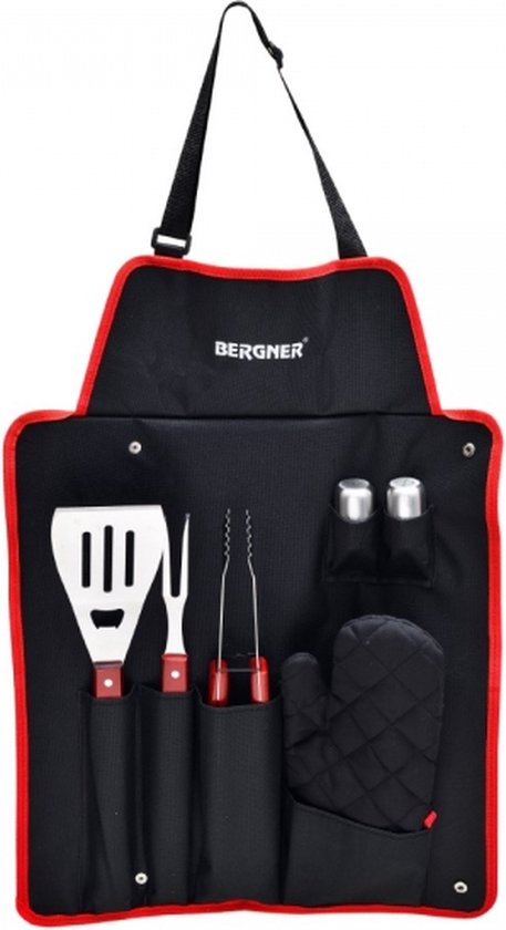 Bergner BBQ Accessoires 7 Delige Gereedschapset - Roestvrijstaal - Geschenkset - met bbq Schort