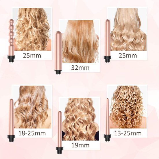 Bestope 6 in 1 Krultang met opzetstukken - Keramische Haarkruller - 13 tot 32mm - Rosé goud