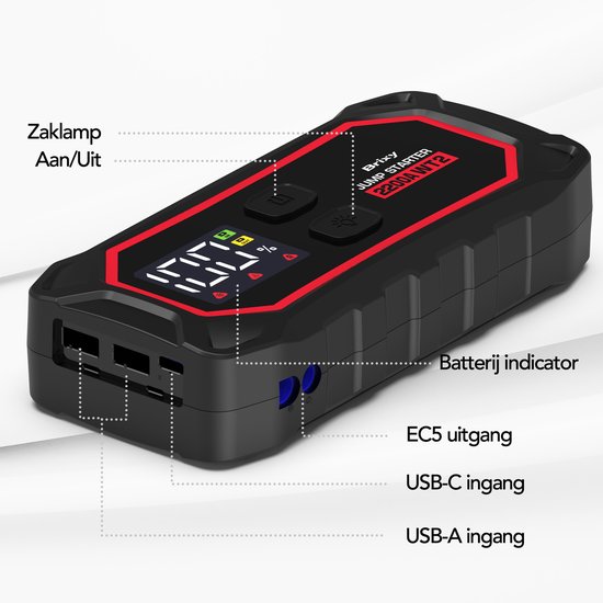 Brixy Jumpstarter voor Auto - 2200A / 16.000 mAH - 4-in-1 Starthulp - LED Zaklamp, SOS Noodlicht en Powerbank - Rood/Zwart