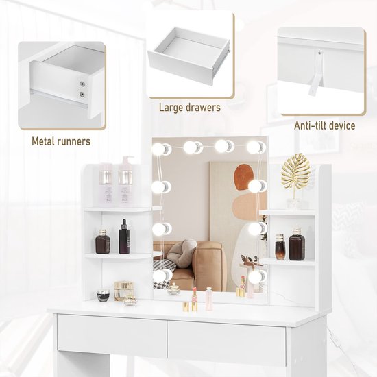 Rootz Kaptafel - Dressoir - Make-up Station - Schoonheidstafel - Cosmetische Stand - Glamour Tafel - Wit - 41,1x20,3x6,1 inches