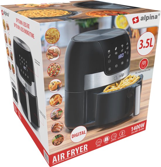 alpina Airfryer 4.5L- Heteluchtfriteuse voor 2 tot 4 Personen - Air Fryer met Instelbare Temperatuur van 80°C tot 200°C - Timer tot 60 Minuten - Hetelucht Friteuse 1400W - Zwart