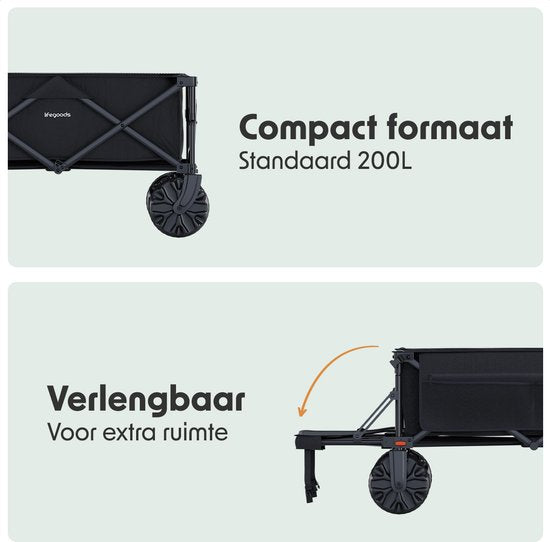 LifeGoods Bolderkar - Opvouwbare Bolderwagen - 130KG - 200L - Uitklapbaar - Met Beschermhoes - Zwart