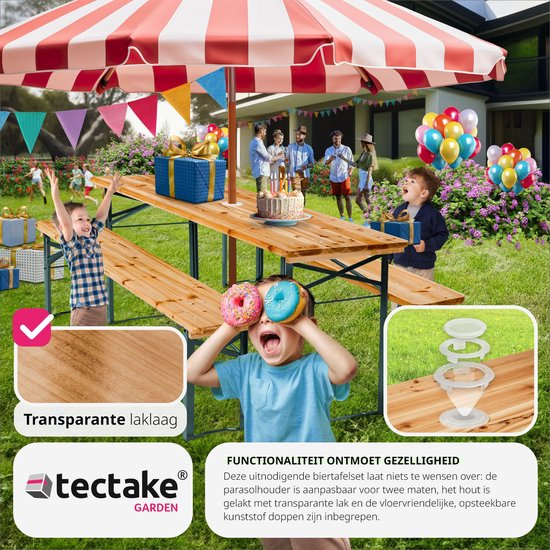 tectake® biertentenset met tafel en 2x bierbanken, met parasolhouder - biertentenset, balkonmeubilair met 1x klaptafel en 2x bierbanken, opvouwbaar, 170 x 46 x 78 cm, gelakt