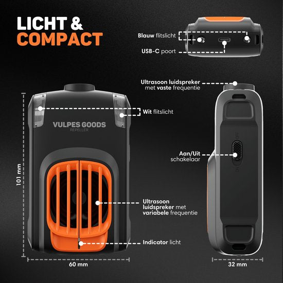 Vulpes Goods® Verjager - Marterverjager - Steenmarter Verjager - Marterbestrijder - Binnen & Buiten - Automatische Frequenties & flitslichten - USB & Auto accu - Marters, Muizen & Ratten - PRO V2 - 2 stuks