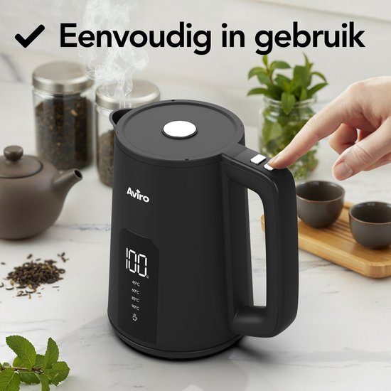 Aviro Waterkoker Met Temperatuurregeling - Warmhoudfunctie - 1.7L - RVS - Dubbelwandig - Elektrisch - 2000W - Zwart