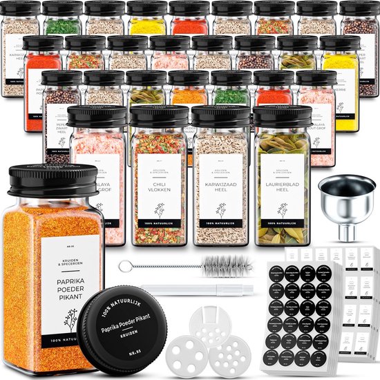 Organess 28 Glazen Kruidenpotjes Vierkant met Zwarte Deksel – 3 Soorten Strooideksels – Kruidenstrooier – Spice Jars – Complete Set incl Kruiden Stickers, Krijtstift en Accessoires – 120ml