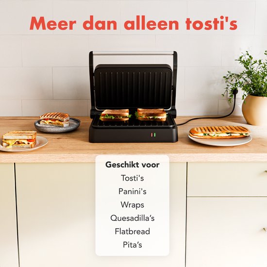 KitchenBrothers Contactgrill - Tosti Apparaat - Grill Apparaat - Panini Grill - Croque Monsieur Toestel - Tosti ijzer - 1200W - Zwart