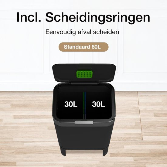 Loftey Prullenbak 60 Liter – Push/Touch - Duo 2x30L - Zwart/RVS