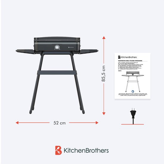 KitchenBrothers Elektrische BBQ - Staand en Tafelmodel Barbecue - Tafelbarbecue - Anti-aanbaklaag - 24x50cm Grilloppervlak - 2200W - Zwart
