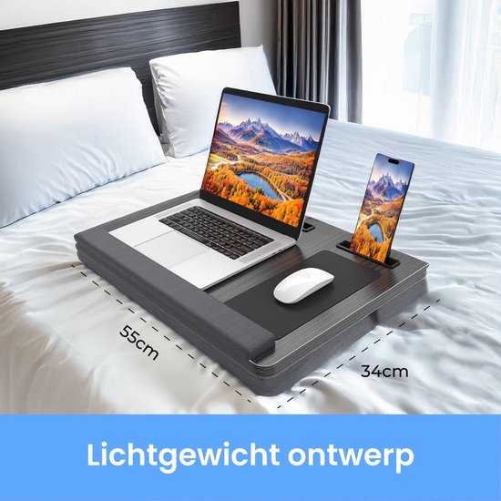 Laptop kussen - Schoot tafel - Verstelbaar - Standaard voor Thuiswerken - Bedtafel - Laptray en Tabletstandaard - Met telefoon standaaard