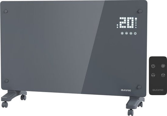 Auronic Elektrische Kachel – Convectorkachel met Thermostaat en Afstandsbediening - Glazen Paneelverwarming - 2000W Heater - Grijs