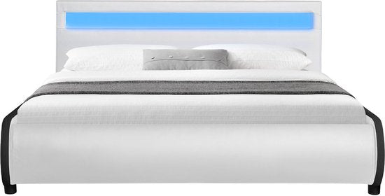Juskys Gestoffeerd bed Sevilla - 140 x 200 cm - Wit - LED Verlichting