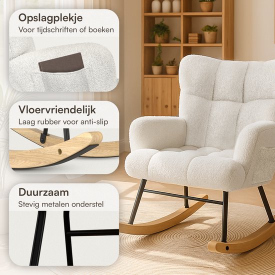 Flowsense Schommelstoel Teddy Wit - Schommelstoel Volwassenen Baby - Voedingsstoel Stoel Babykamer - Fauteuil met Armleuning Design - Relaxstoel - Relaxfauteuil