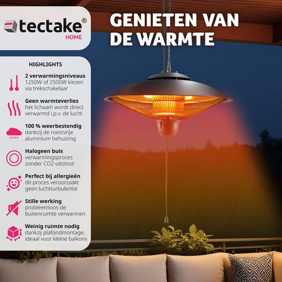 tectake® - Hangende infraroodstraler - plafondverwarmer - infraroodstraler voor buiten en binnen - elektrische verwarming - plafondverwarmer voor terras