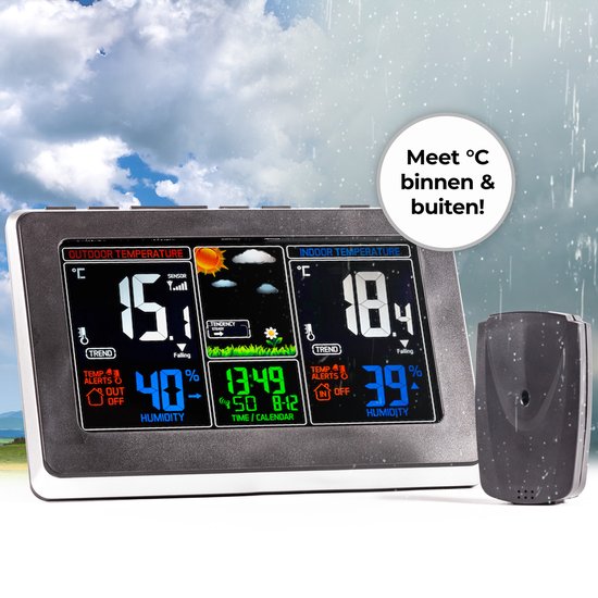 Gadgy Weerstation binnen en buiten - Draadloos weerstation met Buitensensor - Waterdichte buitenunit - Digitaal Weerbericht