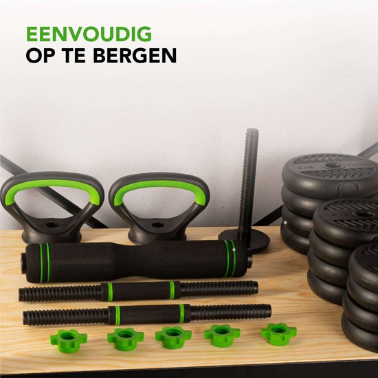 Tunturi Halterset en Dumbbells Vinyl 20 kg – Gewichten Set met Kettlebell en Barbell – Opdruksteunen - Schroefsluiting 30 mm – Anti-Slip Grip