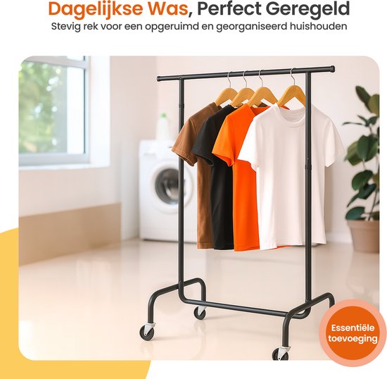 Goliving Kledingrek op wieltjes XL - Uitschuifbare Kledingstang 112-150 cm - 130kg Draagvermogen - Stevig Garderoberek - Metaal - Zwart