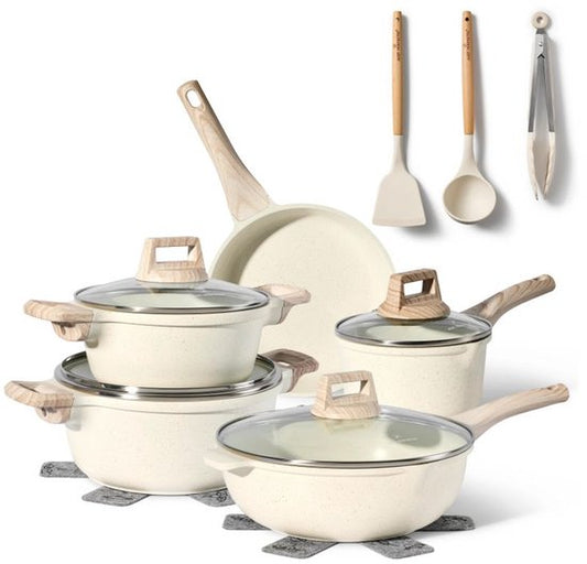 14-delige pannenset antiaanbaklaag in beige graniet - Geschikt voor alle warmtebronnen, inclusief inductie Just Perfecto JL-777