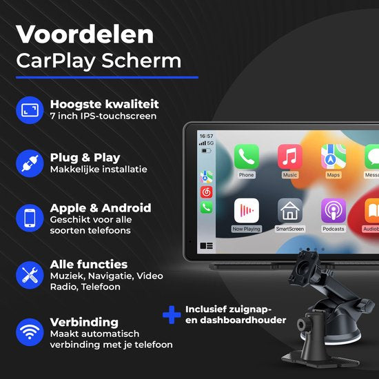 CarMe CarPlay Scherm - 7 Inch - Achteruitrijcamera 6 Meter - Apple CarPlay & Android Auto (Draadloos) - Touchscreen - Navigatiesysteem auto