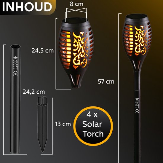 Happy Goods Solar Tuinverlichting op Zonne Energie - 4 Tuinfakkels - 57 cm - Waterbestendig - Buitenverlichting met Sensor - Tuinlantaarns