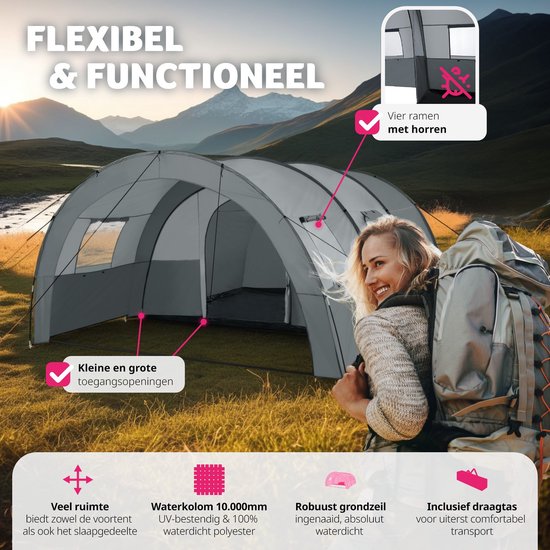 tectake® - Tunneltent voor 6 personen - Familietent op stahoogte - Voortent - Campingtent grote slaapcabine met grondzeil - 4 ramen, waterafstotend, 480 x 350 x 195 cm, donkergrijs/lichtgrijs